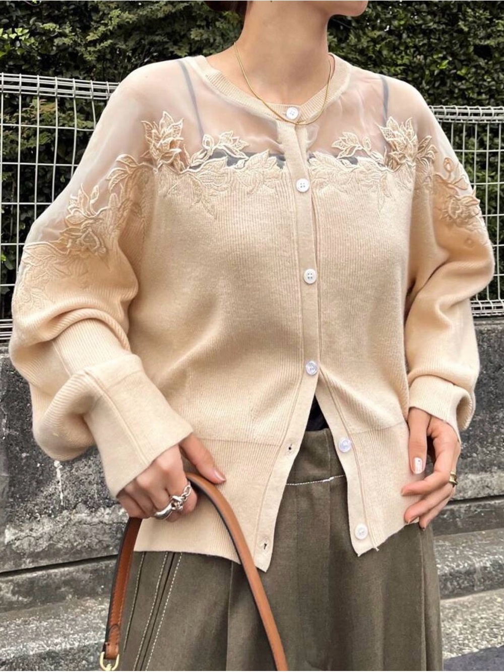 Delicate Floral Appliqué Button-Front Cardigan in Light Beige